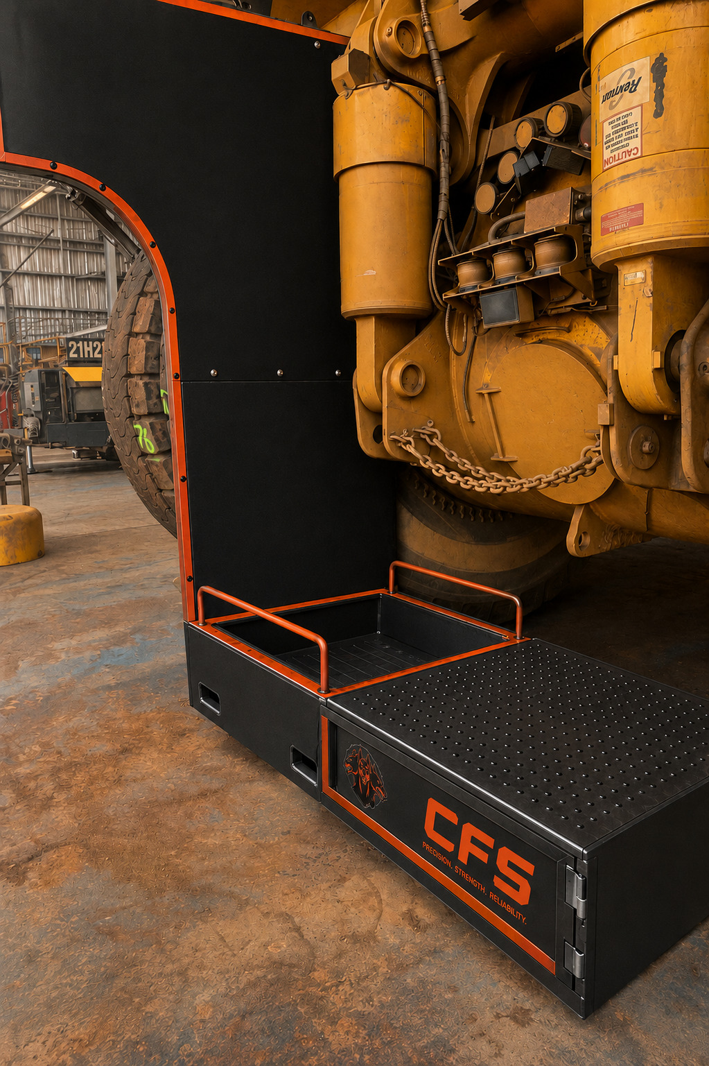 Finished CFS branded haul truck access platform in matte black with safety orange handrails